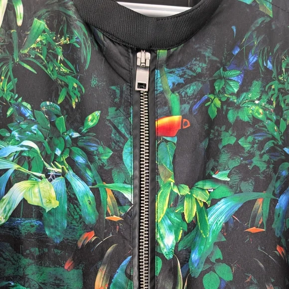 Zara Man Black And Tropical Print Bomber Jacket ~ Size Medium - Picture 6 of 15